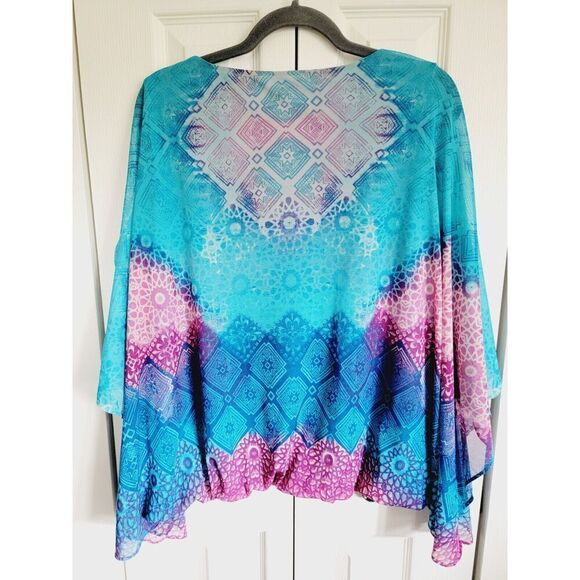 Chico's‎ 3 Handkerchief Top Blue Pink Round Neck Size XL Gathered Hemline SS - Picture 2 of 8